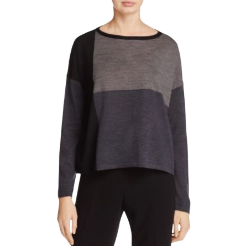 Eileen Fisher Color-Block Oversized Merino Wool Sweater Women's Size XXS